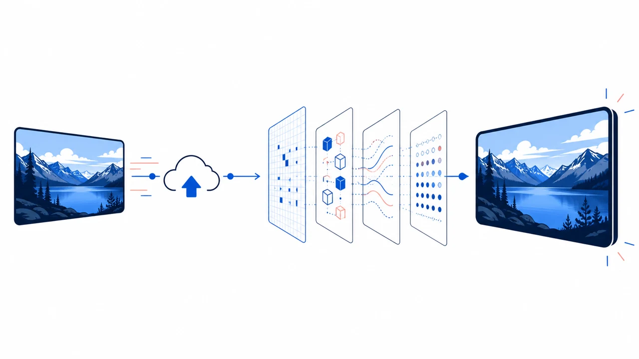 Abstract source video moving through upload and processing layers to a playback screen